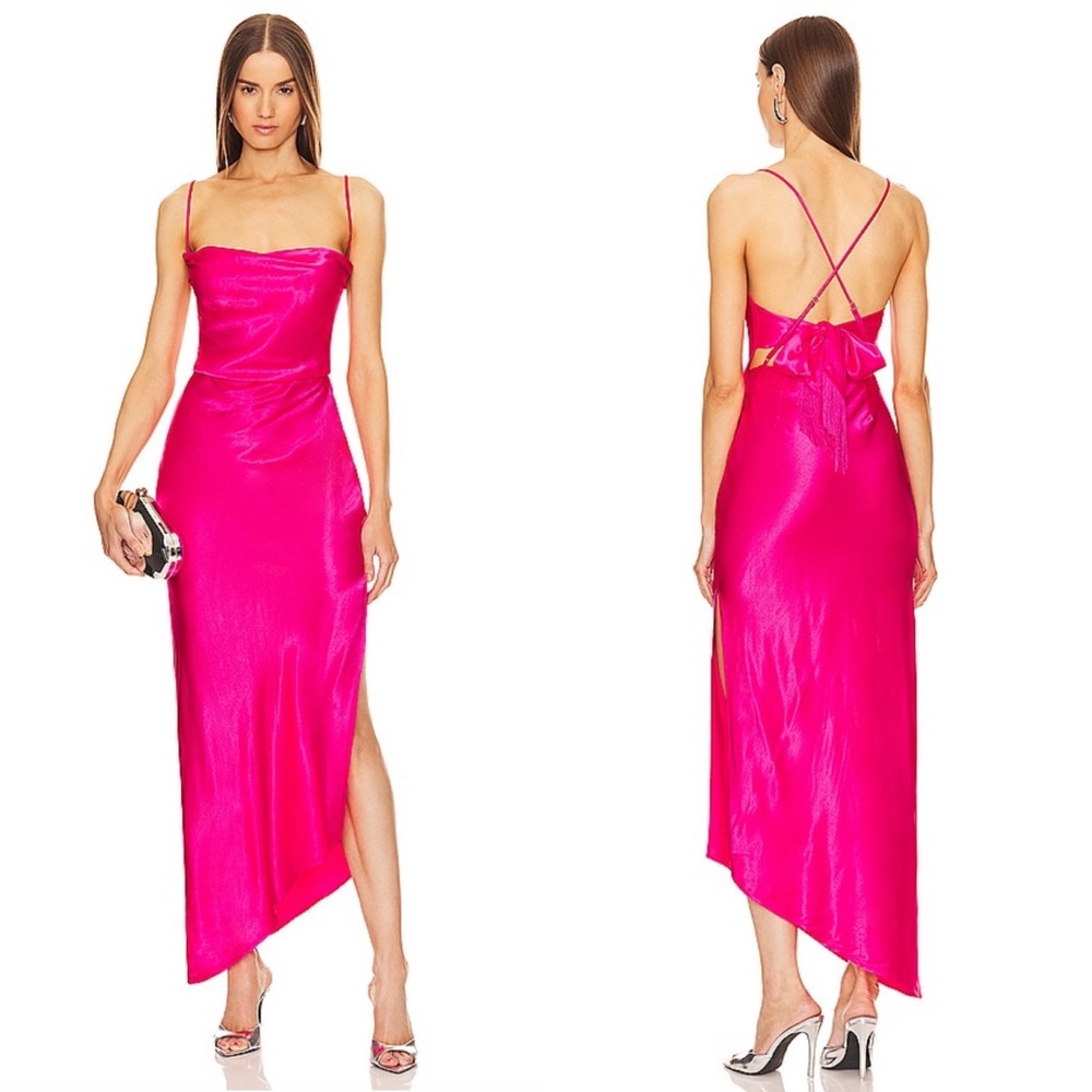 Michael Costello x REVOLVE Cassie Fringe Asymmetric Satin Midi Dress in Hot Pink